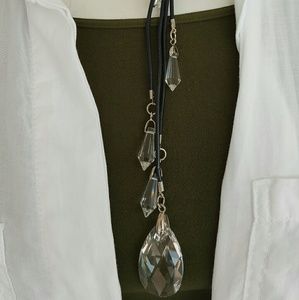 Black Leather Lariat /Clear SWAROVSKI Dangles